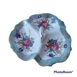 Vintage Lusterware Hand Painted Raised Enamel Floral 3 Secion Candy Nut Dish